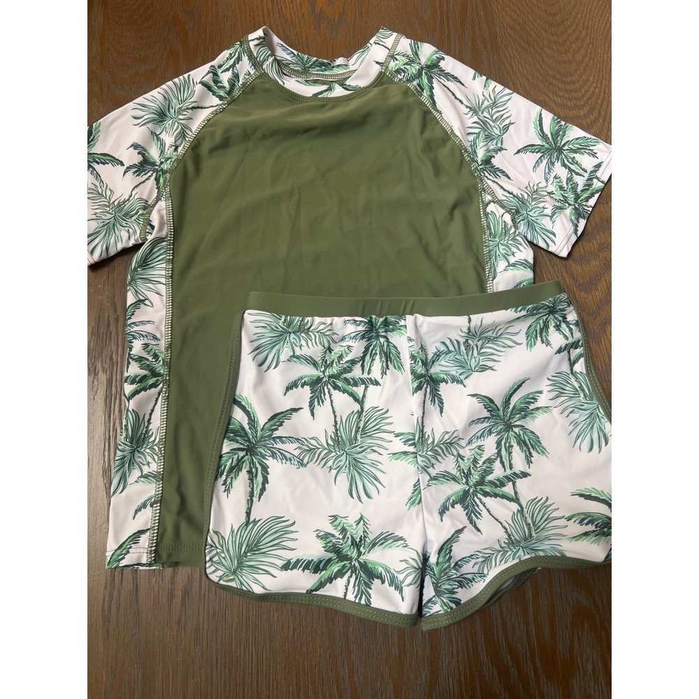 Kids Olive Green Palm Tree Rash Guard and Swim Shorts Set Size 11T Tropical